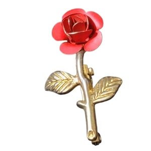 Vintage RED ROSE brooch gold tone and red pin